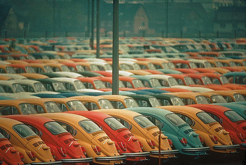  - Germany, Hamburg. Newly-constructed Volkswagen Beetle cars in a parking lot at the Hamburg harbor