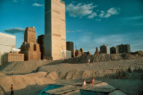  - USA, New York, Manhattan, 1983. Construction site and downtown Manhattan art on the beach event with World Trade Center